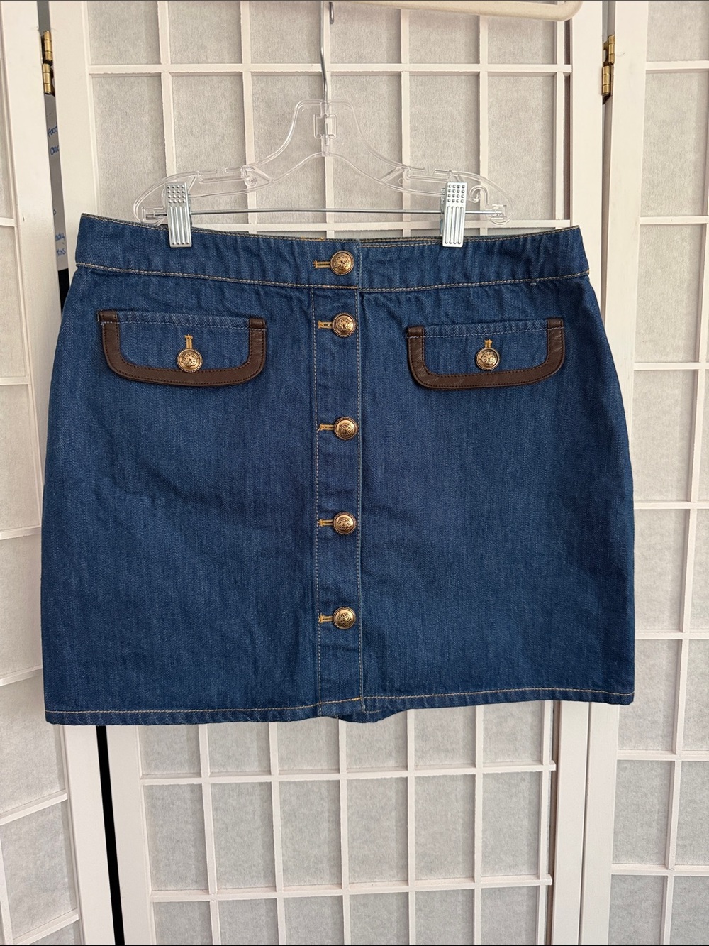 House of Harlow 1960 Denim Mini Skirt with Brown Trim Size 10